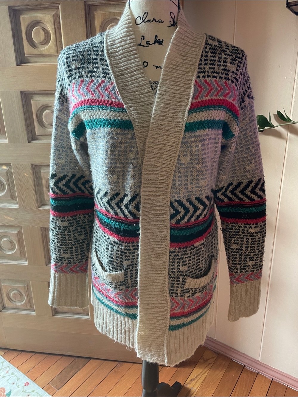 Mossimo Supply Co. Cream Cardigan with Pink and Teal Fair Isle Pattern